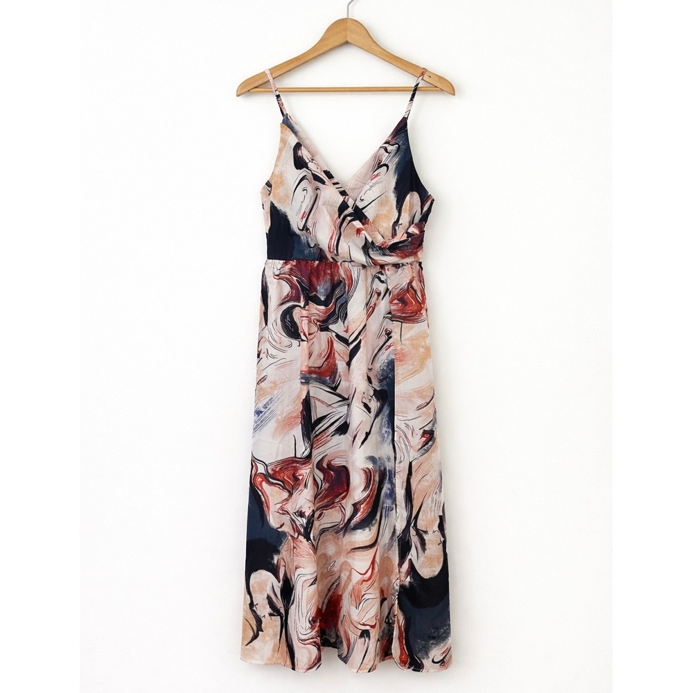 Abstract Marble Midi Dress Womens Large Multicolor Boho Chic Cocktail High Slit